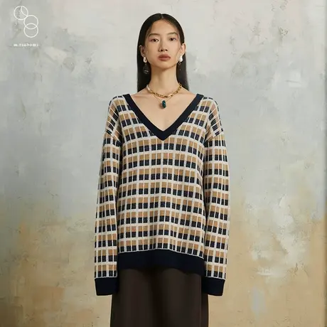m.tsubomi/2022秋季新款V领毛针织衫三色格纹oversize商场同款商品大图