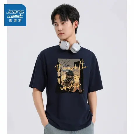 TM真维斯男女同款2025春季新品可爱小熊图案圆领纯棉宽松短袖T恤商品大图