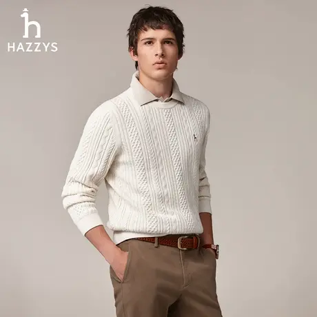 【绞花羊毛衫】Hazzys哈吉斯男装秋季经典合体舒适休闲圆领针织衫商品大图