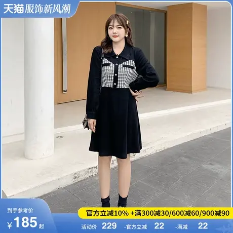 绮娑大码女装胖mm春冬赫本格子假两件中长款显瘦遮肚子针织连衣裙图片