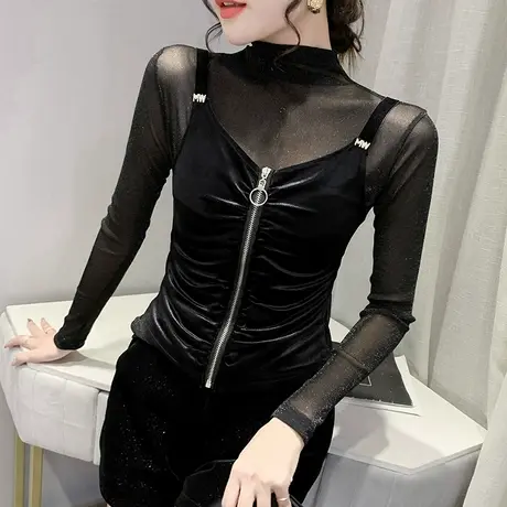 网纱拼接假两件长袖T恤女装性感气质半高领打底衫内搭拉链上衣ins商品大图