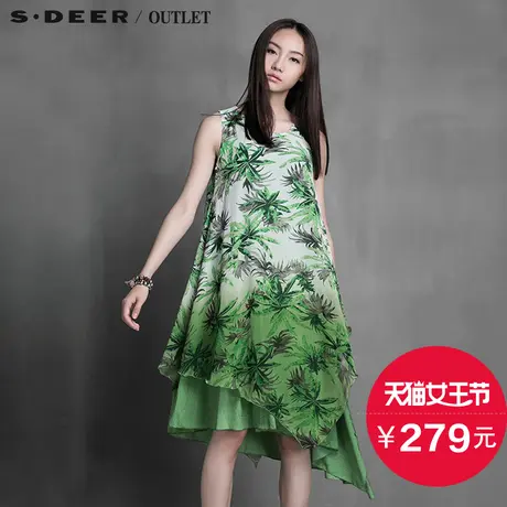 s.deer【女王节】圣迪奥2016夏装新品热带印花不规则开衩摆连衣裙商品大图