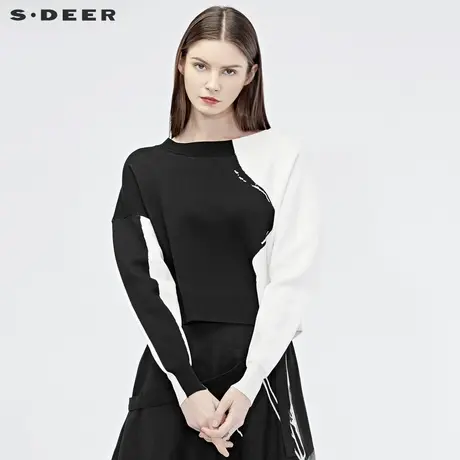 sdeer圣迪奥2019秋装新款女圆领黑白撞色拼接针织衫S19183517图片