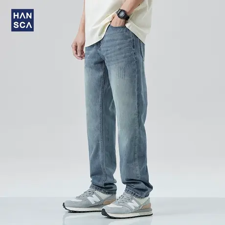 hansca牛仔裤男潮牌春季美式复古高街直筒宽松水洗大码阔腿长裤子商品大图