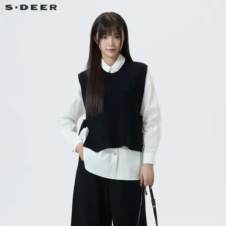 sdeer圣迪奥女装学院风翻领撞色衬衫两件套针织衫S241Z3507图片