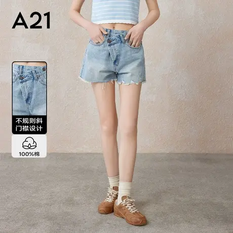A21女装宽松高腰小直筒牛仔短裤夏新款不对称设计感巨好看三分裤商品大图
