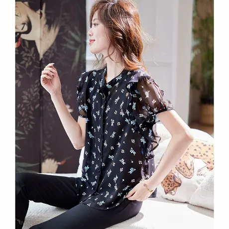 宝诗黎圆领印花短袖衬衫女2025夏季洋气减龄百搭休闲雪纺衬衣小衫图片
