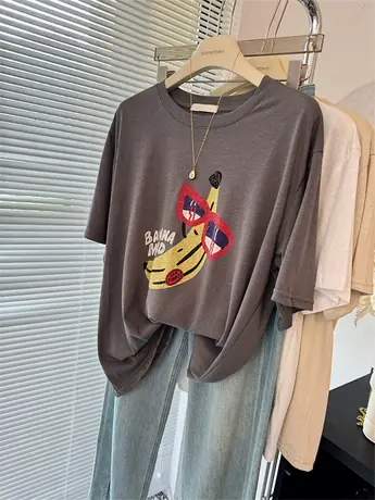 凉爽宽松休闲垂感时髦香蕉印花雪花棉半袖T恤女薄 白色杏色体恤商品大图