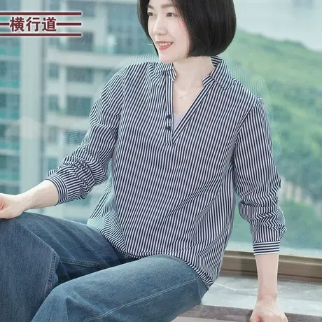 翻领竖条假两件套长袖衬衫2025春季女全棉衬衣中年妈妈装上衣韩版商品大图