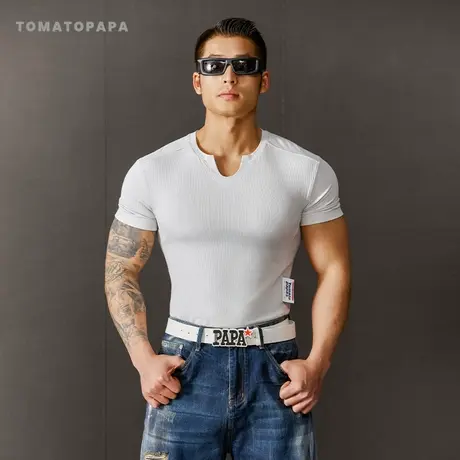 TOMATOPAPA男士小V领T恤螺纹短袖衫罗纹弹力体恤男运动紧身休闲T图片