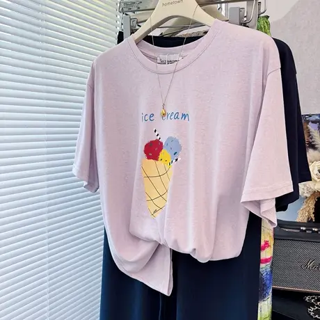 青春减龄冰淇淋印花宽松垂感雪花棉短袖T恤女薄 浅紫色藏蓝体恤商品大图