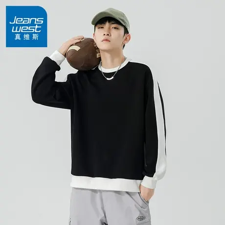 N5真维斯男士圆领卫衣2025秋季新款美式宽松撞色长袖男生春秋上衣商品大图