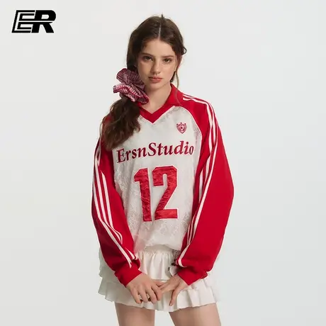 ER蕾丝透视感镂空插肩袖V领长袖t恤女国潮美式运动12号冰球服罩衫商品大图