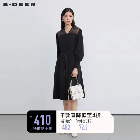 sdeer圣迪奥女装V领网纱收腰抽褶长袖连衣裙S224Z1225商品大图