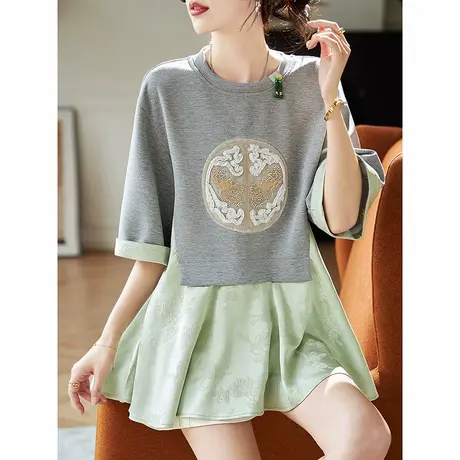 宝诗黎假两件提花拼接短袖T恤2025夏季钉珠国风休闲百搭上衣女装商品大图