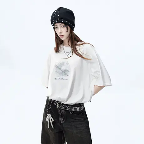 潮牌铆钉印花短袖t恤女夏季新款纯棉情侣装半袖宽松oversize上衣图片
