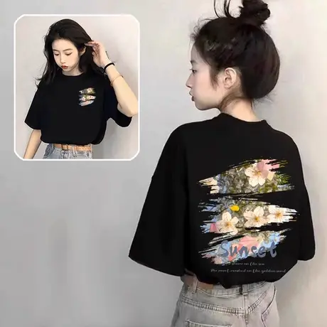 爆款黑色纯棉短袖t恤女2025新款夏季宽松大码设计感小众半袖上衣商品大图