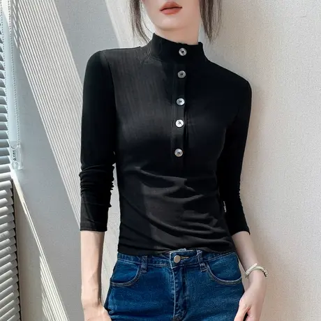 立领纽扣设计感长袖T恤女2025早秋新款外穿修身显瘦纯色正肩上衣图片