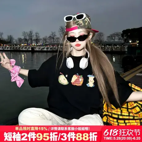 2025夏季新款小众甜酷风黑色短袖t恤女设计感宽松韩版正肩上衣潮商品大图