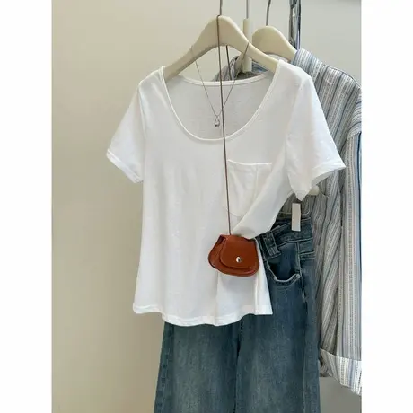 口袋设计感短袖T恤女夏季韩版内搭宽松打底衫正肩白色U领半袖上衣商品大图