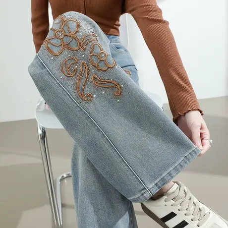 新中式国风烫钻刺绣阔腿牛仔裤女夏季薄款高腰宽松显瘦直筒拖地裤图片