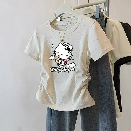 潮流小个子短款收腰t恤女2025新款褶皱修身彩虹波点短袖减龄上衣商品大图