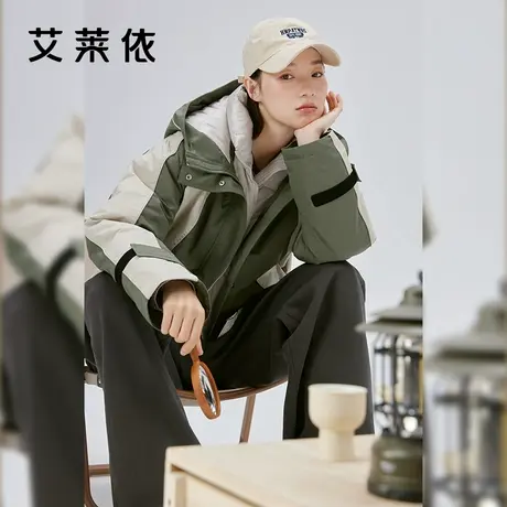 艾莱依户外羽绒服女冬季2023新款派克服保暖连帽短款双门襟外套商品大图