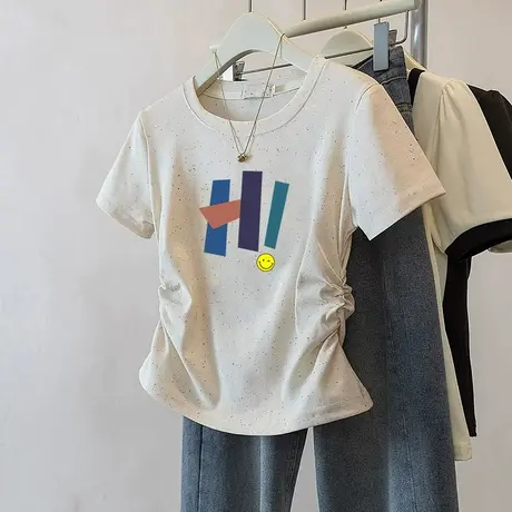 甜妹风彩虹波点褶皱收腰短款t恤女夏季新款设计感洋气短袖上衣ins图片