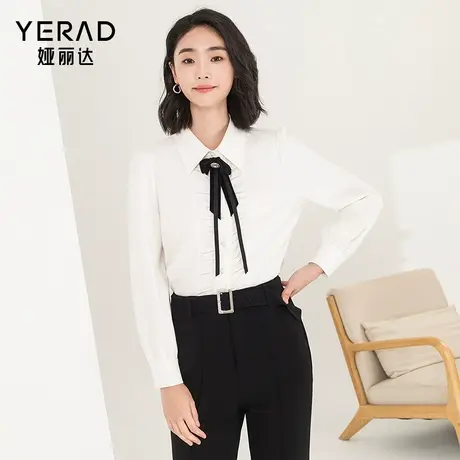 娅丽达商场同款绣花翻领蝴蝶结压褶长袖衬衫女2025春秋小众衬衣图片