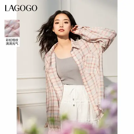 LAGOGO彩虹格子粉色衬衫女拉谷谷2025年春夏季新款薄外套宽松上衣商品大图