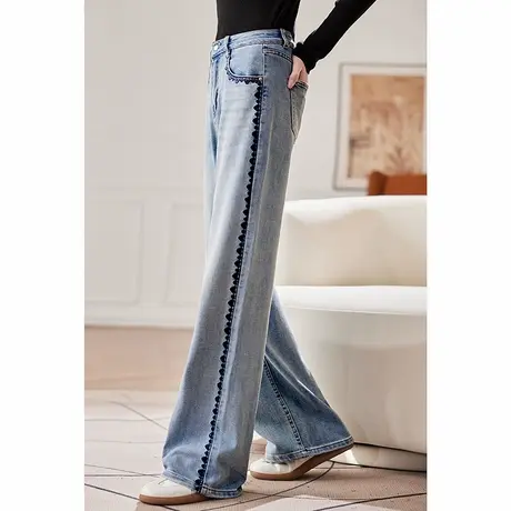 宝诗黎亮片刺绣拼接牛仔裤女2025春季直筒百搭显瘦高腰宽松阔腿裤商品大图