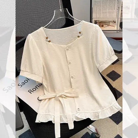 拉夏贝尔时尚套装女2025夏季新款显瘦绑带短袖上衣阔腿裤两件套潮图片