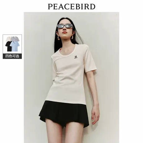 【来了就好】太平鸟U型领针织衫短袖T恤修身低领纯色上衣简约图片