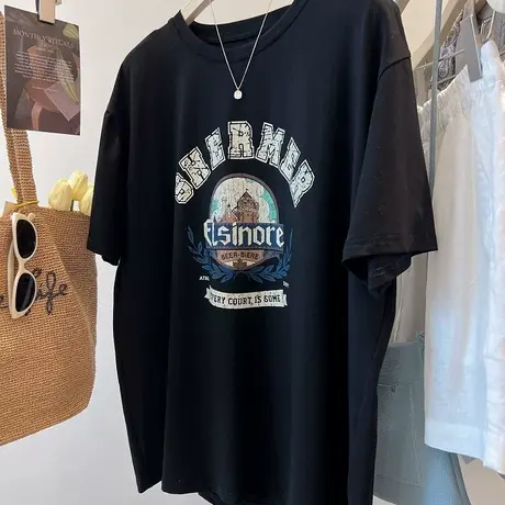 夏日松弛 美式复古字母印花 慵懒宽松中长款大版半袖休闲t恤女夏商品大图