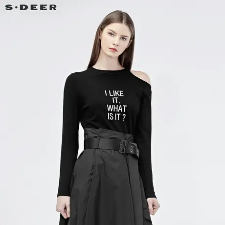 sdeer圣迪奥女2019秋前卫不对称露肩撞色字母针织衫S19183529图片