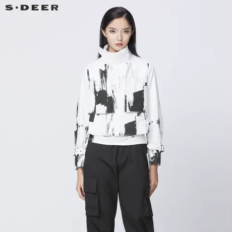 sdeer圣迪奥女装春秋装立领涂鸦印花拼接短款上衣外套S21382203图片