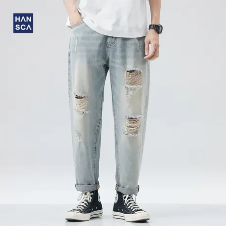 hansca破洞牛仔裤男美式高街春季潮牌复古休闲痞帅直筒锥形长裤子图片