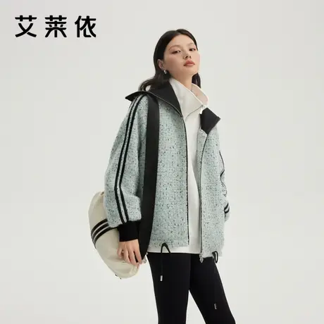 艾莱依短款休闲羽绒服女新款时尚拼接流行针织翻领高级绵羊毛外套商品大图