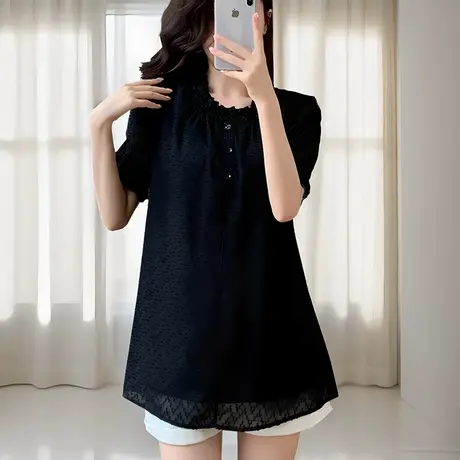 短袖t恤女夏季大码中长款上衣胖mm宽松遮肚子显瘦黑色妈妈雪纺衫商品大图