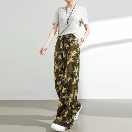 缎面冰丝印花阔腿裤女夏季薄款高腰垂感宽松直筒防晒抗皱休闲裤子图片