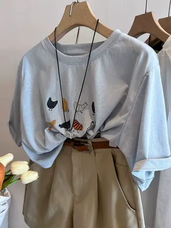 彩色绘画小鸡！卡通趣味凉爽透气雪花棉圆领百搭短袖夏季T恤女图片