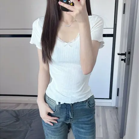 甜辣妹纯欲风短袖T恤女夏天韩版修身蕾丝边打底衫内搭短款上衣潮商品大图