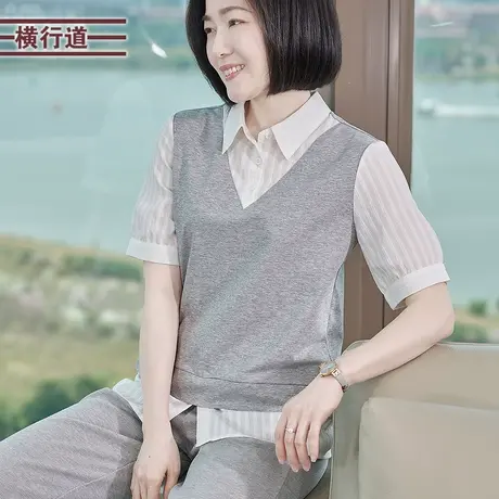 撞色拼接短袖职场衬衫休闲宽松T恤半袖外穿2025夏季女装新款上衣商品大图