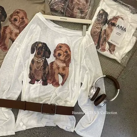 韩国东大门夏季新款时尚洋气斜肩长袖T恤女宽松慵懒风ins防晒罩衫商品大图