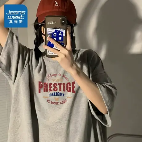 NOB真维斯灰色纯棉短袖t恤女夏2025新款美式复古内搭宽松休闲上衣图片