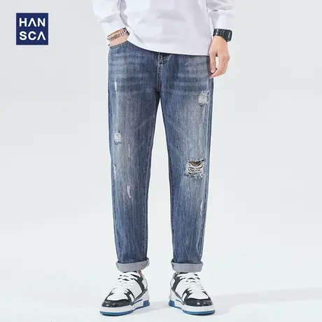 汉斯卡牛仔裤男宽松直筒2022年春季新款韩版潮流青少年休闲阔腿裤商品大图