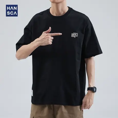 hansca 圆领短袖t恤男宽松运动夏季简约日系休闲刺绣纯棉半袖体恤商品大图
