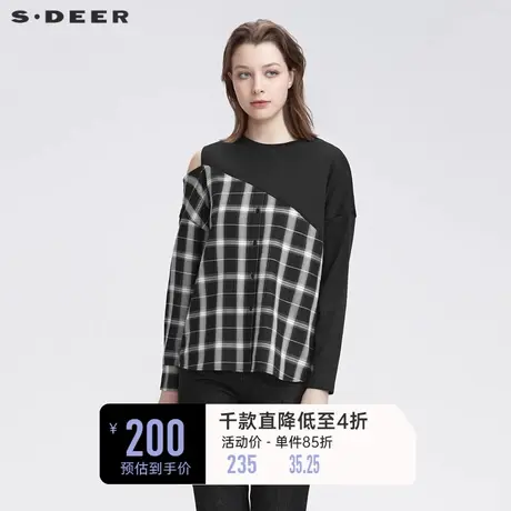 sdeer圣迪奥秋装圆领格纹露肩不规则长袖T恤女S22180210⚪商品大图