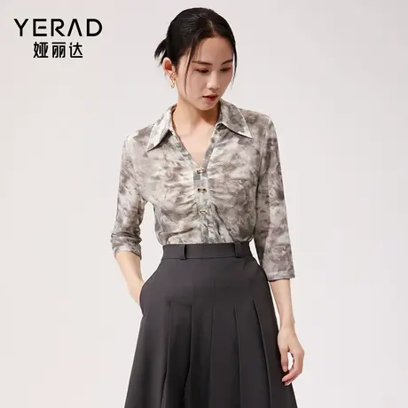 娅丽达商场同款设计感洋气小衫女2025春季新款小v领拼色长袖衬衫图片