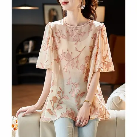 宝诗黎圆领提花镂空休闲雪纺衫2025夏季宽松百搭短袖薄小衫女装商品大图